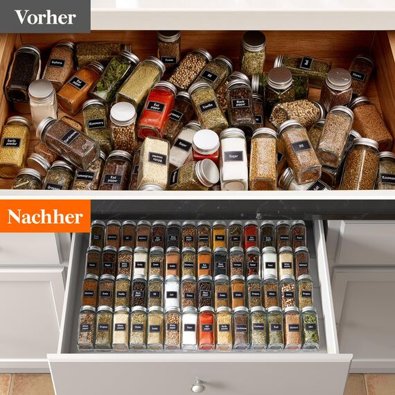 Lifewit Gewürz Organizer Schublade, 6 Stück Abnehmbares Gewürzregal Schublade Breite 20 bis 40 cm, 3 Etagen Gewürz Schubladeneinsatz aus Kunststoff, Spice Rack für Arbeitsplatte/Schrank, Durchsichtig
