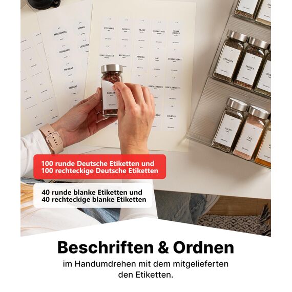 Deco haus® Gewürzregal Schublade [MIT 24 GEWÜRZGLÄSER & ETIKETTEN] - Gewürze Organizer - Gewürzeinsatz Schublade - Gewürzschublade Organizer mit Gläser - Schubladeneinsatz Gewürze