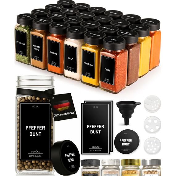 Greeano Gewürzgläser Set [24 x 120ml] mit 300 Gewürzetiketten [DE] - Gewürze Aufbewahrung mit Streueinsatz - Gewürzdosen Glas - Gewürzbehälter Glas - Gewürz Organizer - Spice Jars Obsidian
