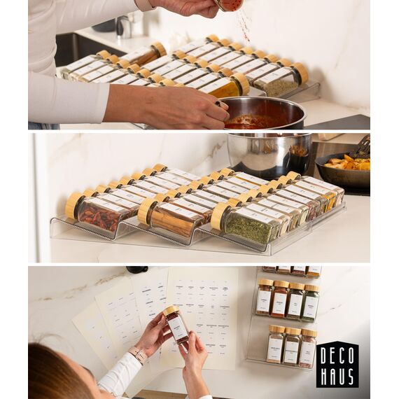Deco haus® Gewürzregal Schublade [MIT 24 GEWÜRZGLÄSER & ETIKETTEN] - Gewürze Organizer - Gewürzeinsatz Schublade - Gewürzschublade Organizer mit Gläser - Schubladeneinsatz Gewürze