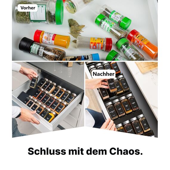 Deco haus® Gewürzregal Schublade aus Metall [MIT 24 GEWÜRZGLÄSER & ETIKETTEN] - Gewürzeinsatz Schublade - Gewürzschublade Organizer - Gewürz Schubladeneinsatz Gewürze - Gewürzorganizer