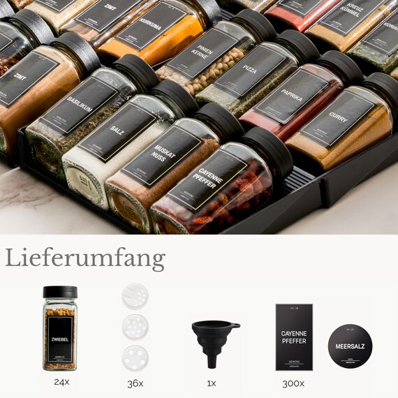 Greeano Gewürzgläser Set [24 x 120ml] mit 300 Gewürzetiketten [DE] - Gewürze Aufbewahrung mit Streueinsatz - Gewürzdosen Glas - Gewürzbehälter Glas - Gewürz Organizer - Spice Jars Obsidian