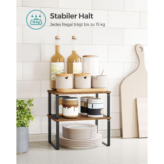 SONGMICS Gewürzregal, 4er Set, Küchenregal, Küchen-Organizer, erweiterbar, Gewürzhalter, stapelbar, mit Metallrahmen, 19,5 x 29,7 x 15,8 cm, tintenschwarz-vintagebraun KCS021X01