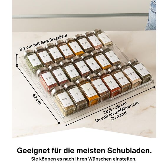Deco haus® Gewürzregal Schublade [MIT 24 GEWÜRZGLÄSER & ETIKETTEN] - Gewürze Organizer - Gewürzeinsatz Schublade - Gewürzschublade Organizer mit Gläser - Schubladeneinsatz Gewürze
