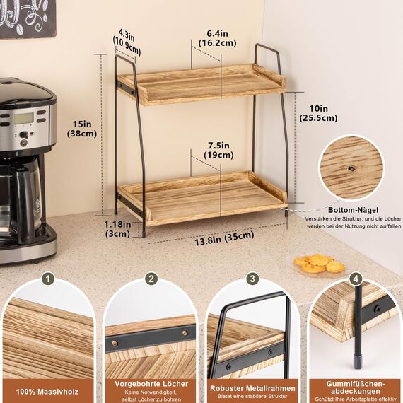 ANBOXIT Kaffee Organizer, Küchen Organizer Holz, Küchenregal Arbeitsplatte, 2 Tier Kaffeebar Regal für Küche, Zuhause, Büro - Braun