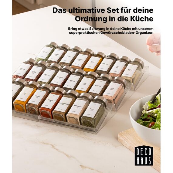 Deco haus® Gewürzregal Schublade [MIT 24 GEWÜRZGLÄSER & ETIKETTEN] - Gewürze Organizer - Gewürzeinsatz Schublade - Gewürzschublade Organizer mit Gläser - Schubladeneinsatz Gewürze