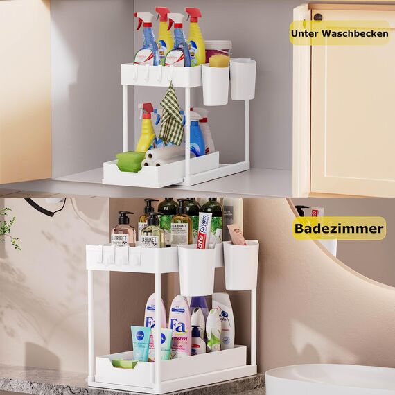 AIXPI Küchen Organizer 2 Etagen, Unter Waschbecken Regal mit Haken und Tasse Gewürzregal Spülschrank Organizer Küchenregal Schrank Organizer für Badezimmer Küche Weiss