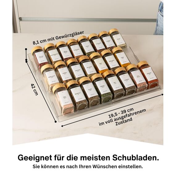 Deco haus® Gewürzregal Schublade [MIT 24 GEWÜRZGLÄSER & ETIKETTEN] - Gewürze Organizer - Gewürzeinsatz Schublade - Gewürzschublade Organizer mit Gläser - Schubladeneinsatz Gewürze