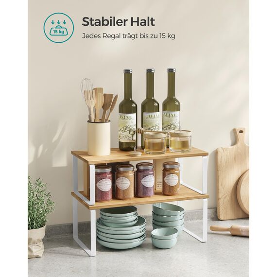 SONGMICS Gewürzregal, 4er Set, Küchenregal, Küchen-Organizer, erweiterbar, Gewürzhalter, stapelbar, mit Metallrahmen, ‎19,5 x 39,7 x 15,8 cm, wolkenweiß-naturbeige KCS210W01