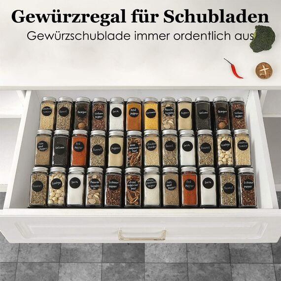 Famhap Gewürzregal Schublade 6PCS, Gewürz Organizer Schublade von 29,5cm bis 59cm Ausziehbar, Gewürzeinsatz Schublade Matte Textur, Gewürzhalter mit Rutschfesten Noppen