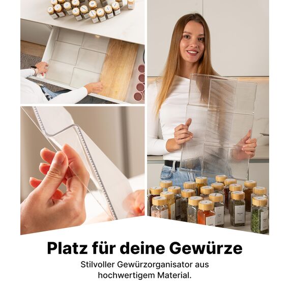 Deco haus® Gewürzregal Schublade [MIT 24 GEWÜRZGLÄSER & ETIKETTEN] - Gewürze Organizer - Gewürzeinsatz Schublade - Gewürzschublade Organizer mit Gläser - Schubladeneinsatz Gewürze