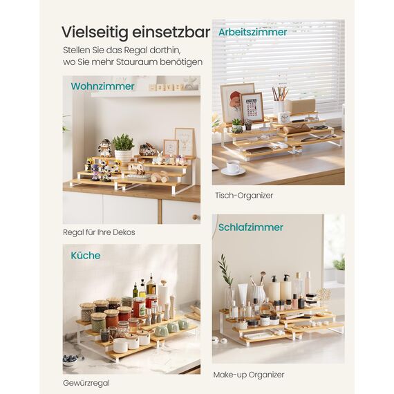 SONGMICS Gewürzregale, Küchenregale stehend, Küchen-Organizer, 2er Set, Holzwerkstoff, je 4 Ablagen, ausziehbar, stapelbar, für Speisekammer, Arbeitsplatte, naturbeige-wolkenweiß KCS216N02
