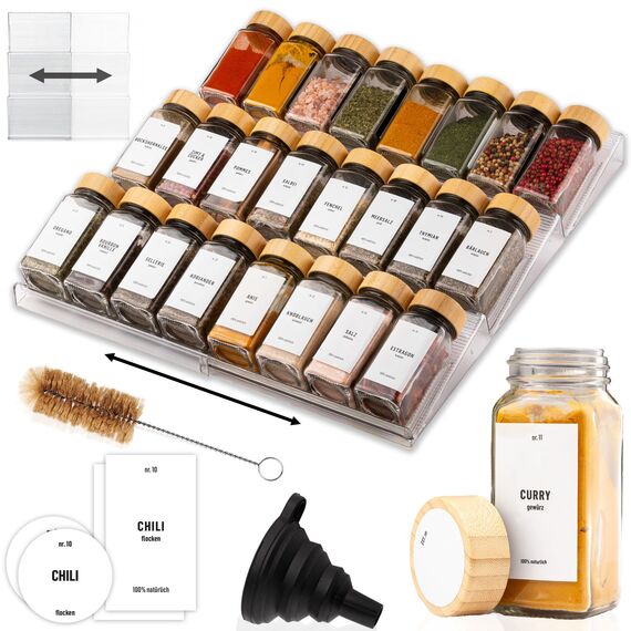Deco haus® Gewürzregal Schublade [MIT 24 GEWÜRZGLÄSER & ETIKETTEN] - Gewürze Organizer - Gewürzeinsatz Schublade - Gewürzschublade Organizer mit Gläser - Schubladeneinsatz Gewürze