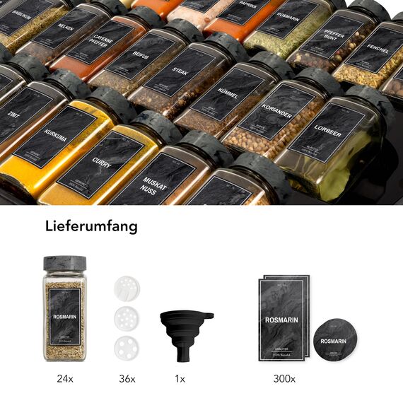 Greeano Gewürzgläser Set [24 x 120ml] mit 300 Gewürzetiketten [DE] - Gewürze Aufbewahrung mit Streueinsatz - Gewürzdosen Glas - Gewürzbehälter Glas - Gewürz Organizer - Spice Jars Midnight