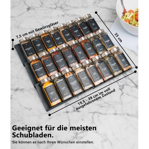Deco haus® Gewürzregal Schublade aus Metall [MIT 24 GEWÜRZGLÄSER & ETIKETTEN] - Gewürzeinsatz Schublade - Gewürzschublade Organizer - Gewürz Schubladeneinsatz Gewürze - Gewürzorganizer