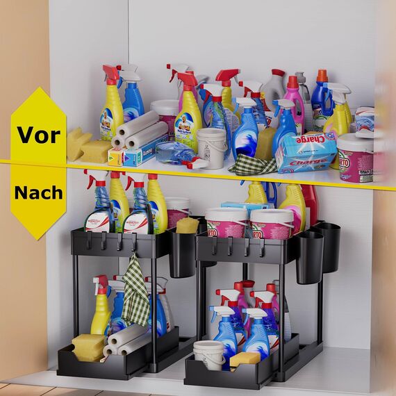 AIXPI Küchen Organizer 2 Etagen, Unter Waschbecken Regal mit Haken und Tasse Gewürzregal Spülschrank Organizer Küchenregal Schrank Organizer für Badezimmer Küche Schwarz 2 Set