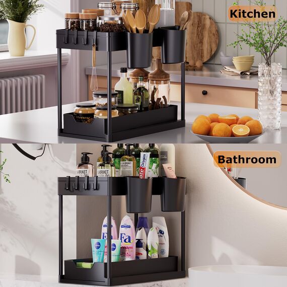AIXPI Küchen Organizer 2 Etagen, Unter Waschbecken Regal mit Haken und Tasse Gewürzregal Spülschrank Organizer Küchenregal Schrank Organizer für Badezimmer Küche Schwarz