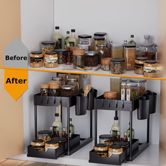 AIXPI Küchen Organizer 2 Etagen, Unter Waschbecken Regal mit Haken und Tasse Gewürzregal Spülschrank Organizer Küchenregal Schrank Organizer für Badezimmer Küche Schwarz
