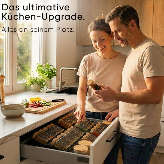 Deco haus® Gewürzregal Schublade [MIT 24 GEWÜRZGLÄSER & ETIKETTEN] - Gewürze Organizer - Gewürzeinsatz Schublade - Gewürzschublade Organizer mit Gläser - Schubladeneinsatz Gewürze