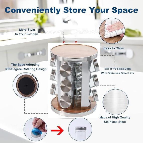 Manfâ Gewürzkarussell 360°drehbar Gewürzregal,12 Gewürzgläsern,Lebensmittelqualität 430-Edelstahl Rotationsküchen Gewürzständer,Gewürzdosen zum Streuen,mit Etikettenpapier und Schreibstift