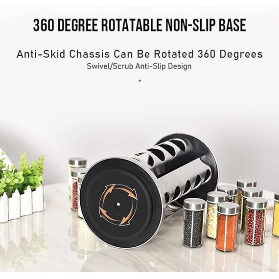Gewürzkarussell 360°drehbar Gewürzregal, 20 Gewürzgläsern(ohne Inhalt),Lebensmittelqualität 430-Edelstahl Rotationsküchen Gewürzständer,Gewürzdosen zum Streuen,mit Etikettenpapier und Schreibstift