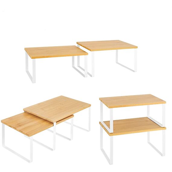 LIANTRAL Küchenschrank Organizer 4er-Set, Küchenregal, Küchen Organizer aus Metall und Bambus, Erweiterbar und Stapelbar Gewürzhalter, kleines Regal, Weiß und Naturfarben