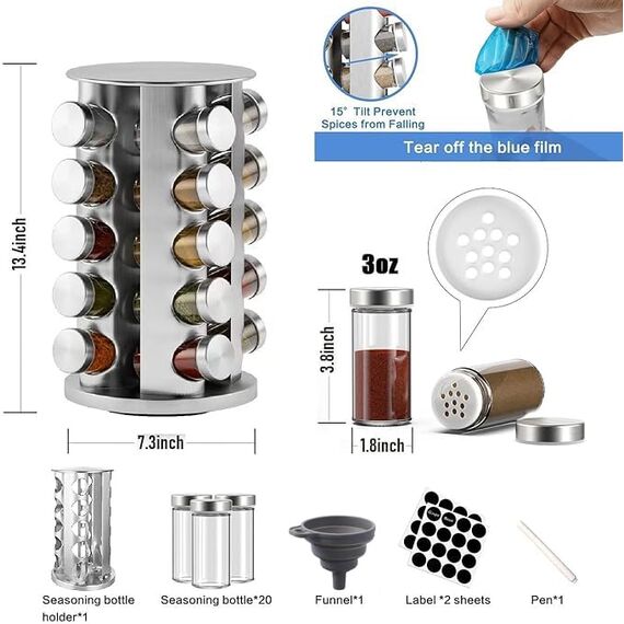 Gewürzkarussell 360°drehbar Gewürzregal, 20 Gewürzgläsern(ohne Inhalt),Lebensmittelqualität 430-Edelstahl Rotationsküchen Gewürzständer,Gewürzdosen zum Streuen,mit Etikettenpapier und Schreibstift