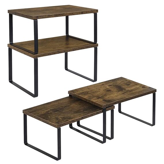 LIANTRAL Küchenregal, 4er Set Küchenschrank Organizer, Küchen Organizer aus Metall und Holzwerkstoff, Erweiterbar und Stapelbar kleines Regal Küche Schrank-Organizer Gewürzregale, Braun und Schwarz