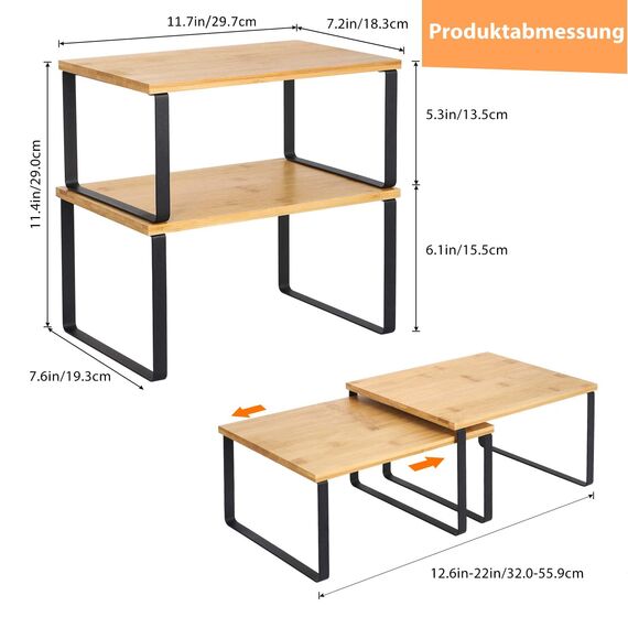 LIANTRAL Küchenschrank Organizer 4er-Set, Küchenregal, Küchen Organizer aus Metall und Bambus, Erweiterbar und Stapelbar Schrank-Organizer Gewürzregale, kleines Regal, Schwarz und Naturfarben