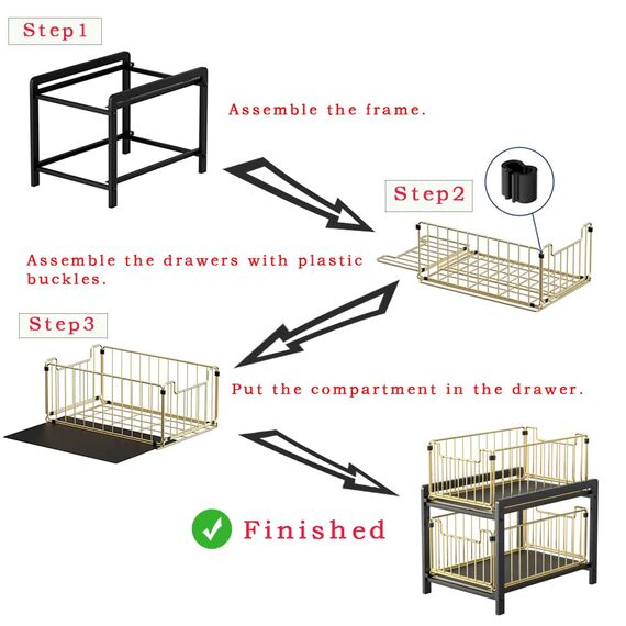 YunNasi Küchenregal Regal mit 2 Korb-Auszügen Unterschrankregal 2 Ebenen Gewürzregal Rostfreier Stahl Schiebe Schublade Aufbewahrung Bad Organizer Regal für Heimat und Büro (Regulär, WeißWeiß)
