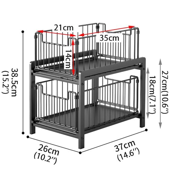 YunNasi Küchenregal Regal mit 2 Korb-Auszügen Unterschrankregal 2 Ebenen Gewürzregal Rostfreier Stahl Schiebe Schublade Aufbewahrung Bad Organizer für Heimat und Büro (Regulär, Schwarz)