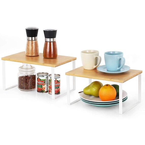 LIANTRAL Küchenschrank Organizer 4er-Set, Küchenregal, Küchen Organizer aus Metall und Bambus, Erweiterbar und Stapelbar Gewürzhalter, kleines Regal, Weiß und Naturfarben