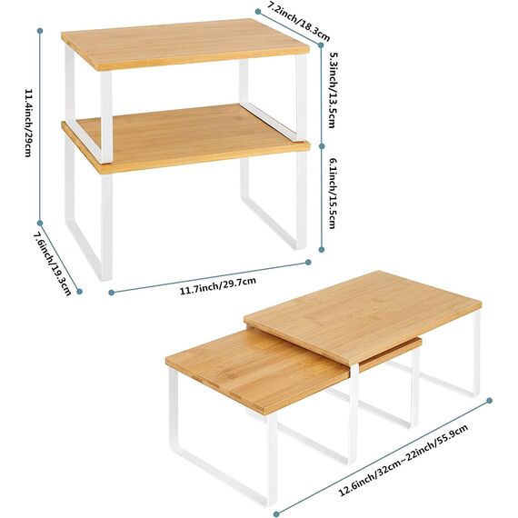 LIANTRAL Küchenschrank Organizer 4er-Set, Küchenregal, Küchen Organizer aus Metall und Bambus, Erweiterbar und Stapelbar Gewürzhalter, kleines Regal, Weiß und Naturfarben