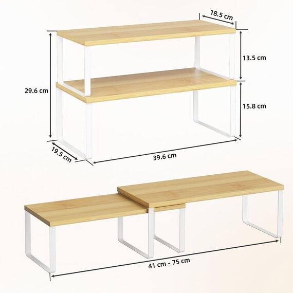 LIANTRAL Küchenschränke Organizer 4er Set, Küchenregal, Küchen Organizer, Gewürzregal, Metall und Holz, Erweiterbares, Stapelbares, Schrank Regaleinsatz, Breite 39,6 cm, Natur und Weiß