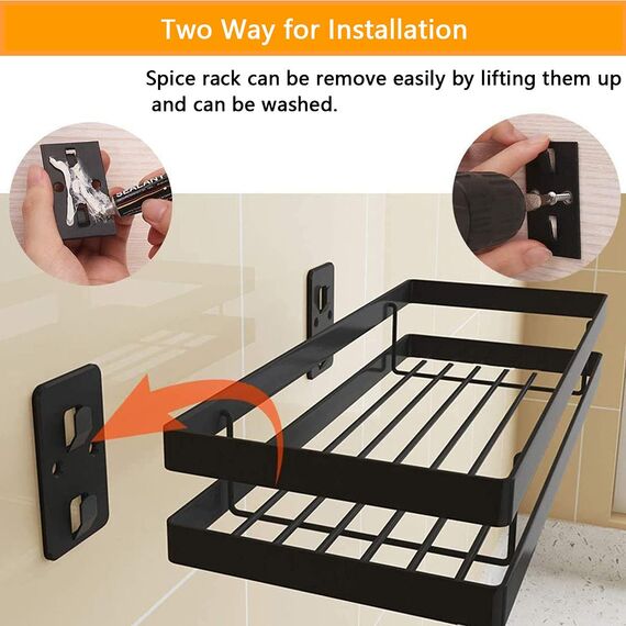 Gewürzregal Wand Ohne Bohren 2er Set mit Küchenreling Küchenregal hängend Gewürzregal Schranktür Edelstahl Duschablage für Küche Badezimmer Balkon 35 x 12 x 5,7 cm, Schwarz