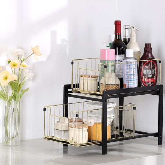 YunNasi Küchenregal Regal mit 2 Korb-Auszügen Unterschrankregal 2 Ebenen Gewürzregal Rostfreier Stahl Schiebe Schublade Aufbewahrung Bad Organizer Regal für Heimat und Büro (Regulär, WeißWeiß)