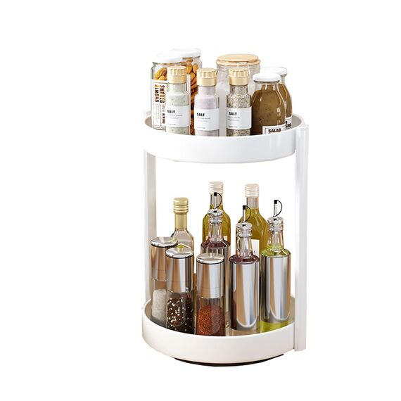 JOUING Drehteller Organizer Gewürzregal Drehbar 2 Etagen Metall Lazy Susan für Schrank Drehbares Gewürzregal für Küche Organizer für Kosmetik, Badezimmer (Weiß)