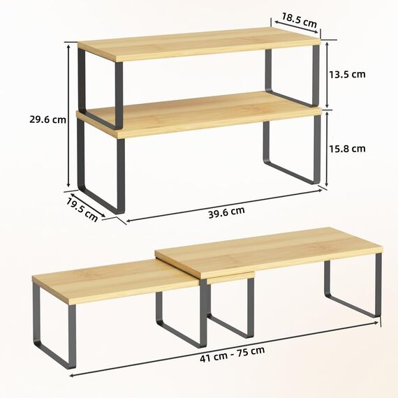 LIANTRAL Küchenschränke Organizer 4er Set, Küchenregal, Küchen Organizer, Gewürzregal, Metall und Holz, Erweiterbares, Stapelbares, Schrank Regaleinsatz, Breite 39,6 cm, Natur und Schwarz