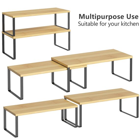 LIANTRAL Küchenschränke Organizer 4er Set, Küchenregal, Küchen Organizer, Gewürzregal, Metall und Holz, Erweiterbares, Stapelbares, Schrank Regaleinsatz, Breite 39,6 cm, Natur und Schwarz