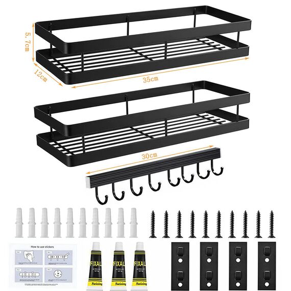 Gewürzregal Wand Ohne Bohren 2er Set mit Küchenreling Küchenregal hängend Gewürzregal Schranktür Edelstahl Duschablage für Küche Badezimmer Balkon 35 x 12 x 5,7 cm, Schwarz