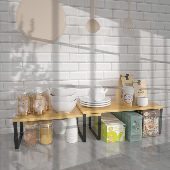 LIANTRAL Küchenschränke Organizer 4er Set, Küchenregal, Küchen Organizer, Gewürzregal, Metall und Holz, Erweiterbares, Stapelbares, Schrank Regaleinsatz, Breite 39,6 cm, Natur und Schwarz