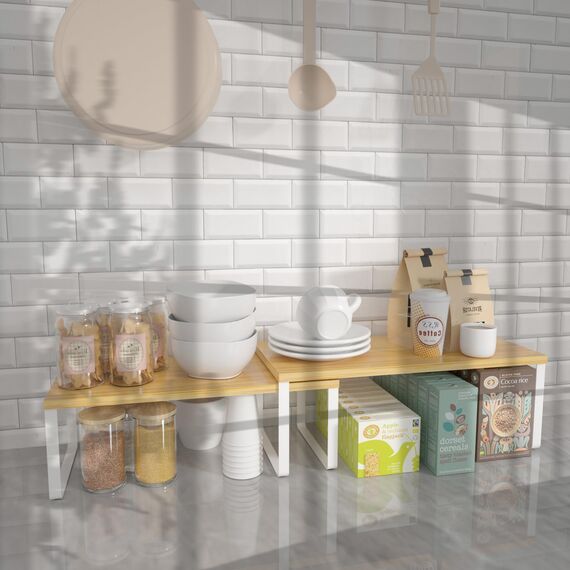 LIANTRAL Küchenschränke Organizer 4er Set, Küchenregal, Küchen Organizer, Gewürzregal, Metall und Holz, Erweiterbares, Stapelbares, Schrank Regaleinsatz, Breite 39,6 cm, Natur und Weiß