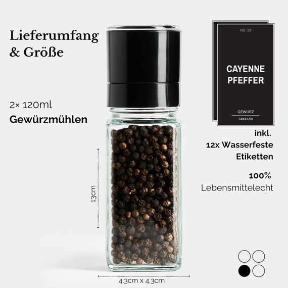 Greeano Salz und Pfeffermühle [2er Set] – Hochwertige Gewürzmühle aus Glas mit Keramikmahlwerk – Manuelle Salzmühle & Pfeffermühle für grobes Salz, Pfeffer & Gewürze