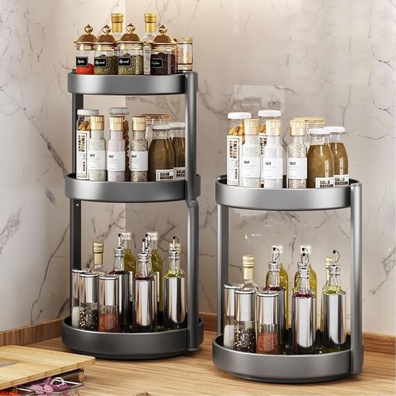 JOUING Drehteller Organizer Gewürzregal Drehbar 2 Etagen Metall Lazy Susan für Schrank Drehbares Gewürzregal für Küche Organizer für Kosmetik, Badezimmer (Weiß)