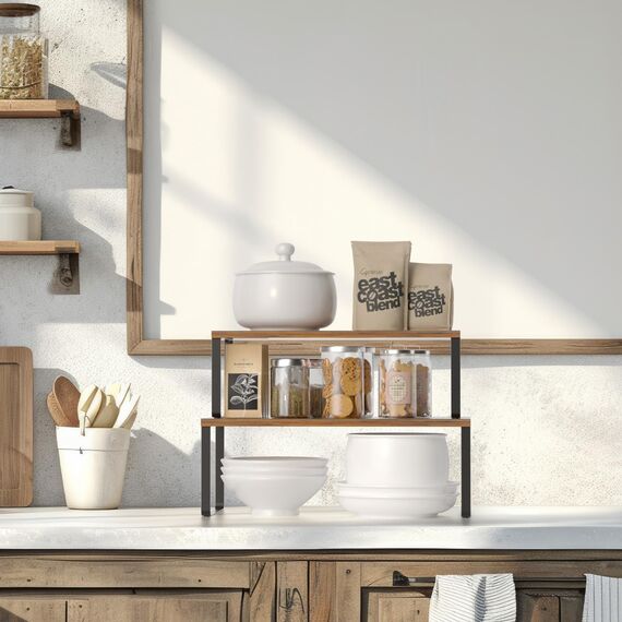 LIANTRAL Küchenschränke Organizer 4er Set, Küchenregal, Küchen Organizer, Gewürzregal, Metall und Holz, Erweiterbares, Stapelbares, Schrank Regaleinsatz, Breite 39,6 cm, Braun und Schwarz