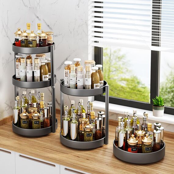 JOUING Drehteller Organizer Gewürzregal Drehbar 2 Etagen Metall Lazy Susan für Schrank Drehbares Gewürzregal für Küche Organizer für Kosmetik, Badezimmer(Schwarz)