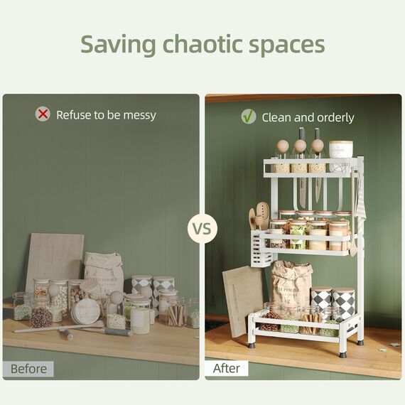 NETEL Multifunktional Gewürzregal Stehend, 3 Etagen Rostfrei Gewürzständer/Gewürzhalter, Küchenregal Organizer für Arbeitsplatte Aufbewahrung mit Utensilienhalter, Schneidebretthalter, Haken, Weiß