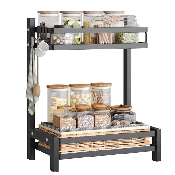 NETEL Multifunktional Gewüzregal Stehend, 2 Etagen Rostfrei Gewüzständer/Gewüzhalter, Küchenregal Organizer für Arbeitsplatte Aufbewahrung mit 4 Haken, Schwarz