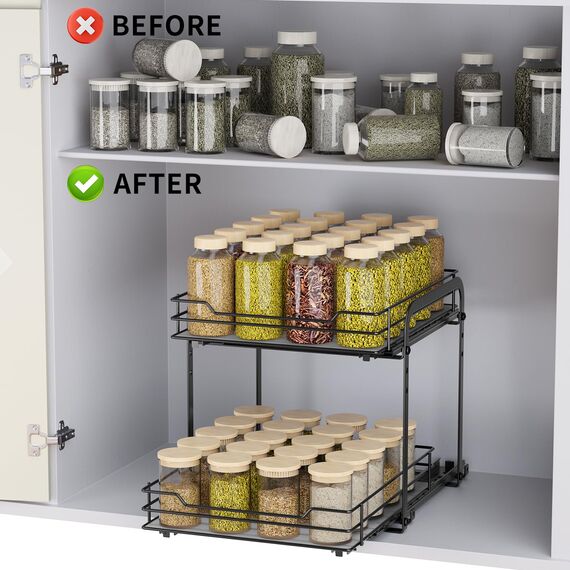 AIRUJIA Gewürzregal Ausziehbar, 2 Etagen Spülschrank Organizer, Gewürzregal Schrank, Spice Rack, Anhebbares Waschbecken Regal, Gewürz Organizerfür Für Küche, L26.4*B23.2*H23CM