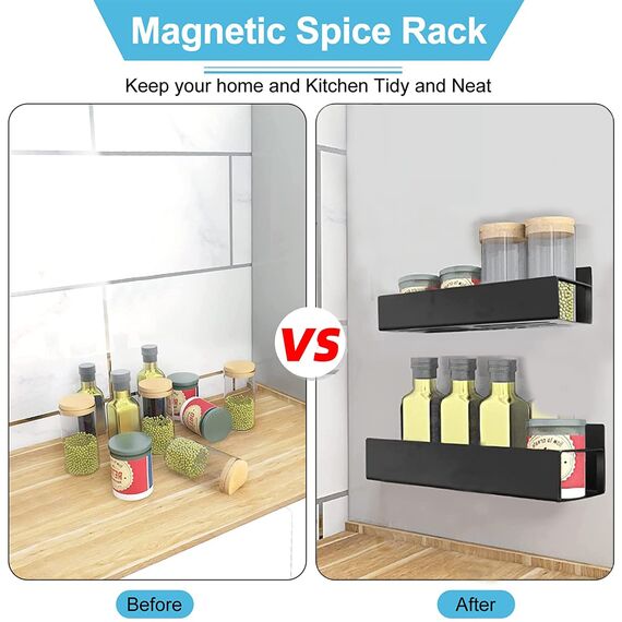 Melldrry Magnetische Ablage für Kühlschrank, 2 Stück Gewürzregal Magnetische, Kühlschrank Gewürzregal Hängeregal für Küchen Organizer Aufbewahrung (Schwarz)